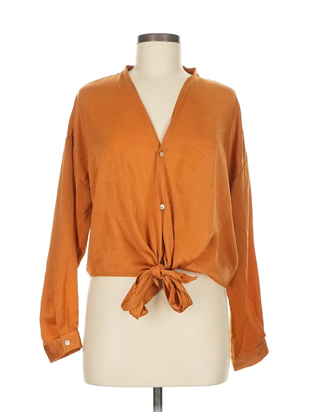 Lucy Paris Orange Tie Front Blouse Sz M V-Neck Long Sleeve Crop